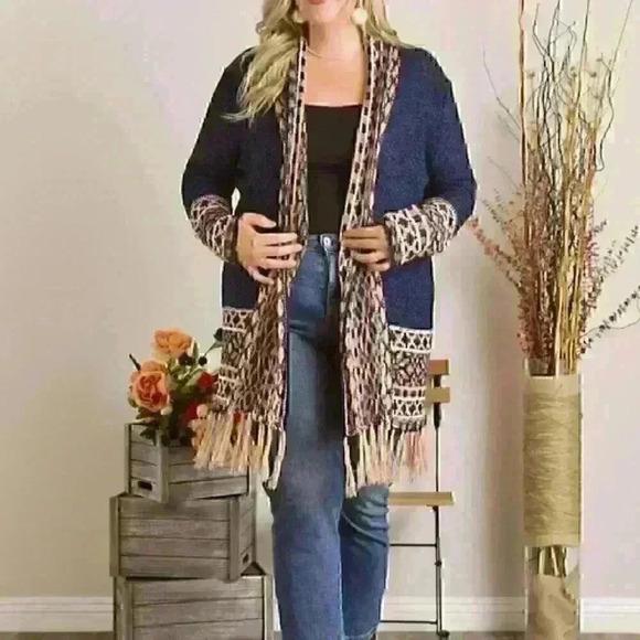 Navy Tribal Fringe Sweater Kimono - Picture 4 of 4